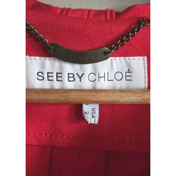 See By Chloe Crop Bolero Jacket Women's 2 Red Hooded %100 Cotton Pockets - Picture 2 of 8